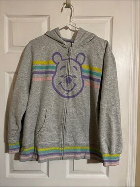 Ladies Gray Hooded Zip-Up Sweatshirt with Pastel Stripe Winnie Graphic